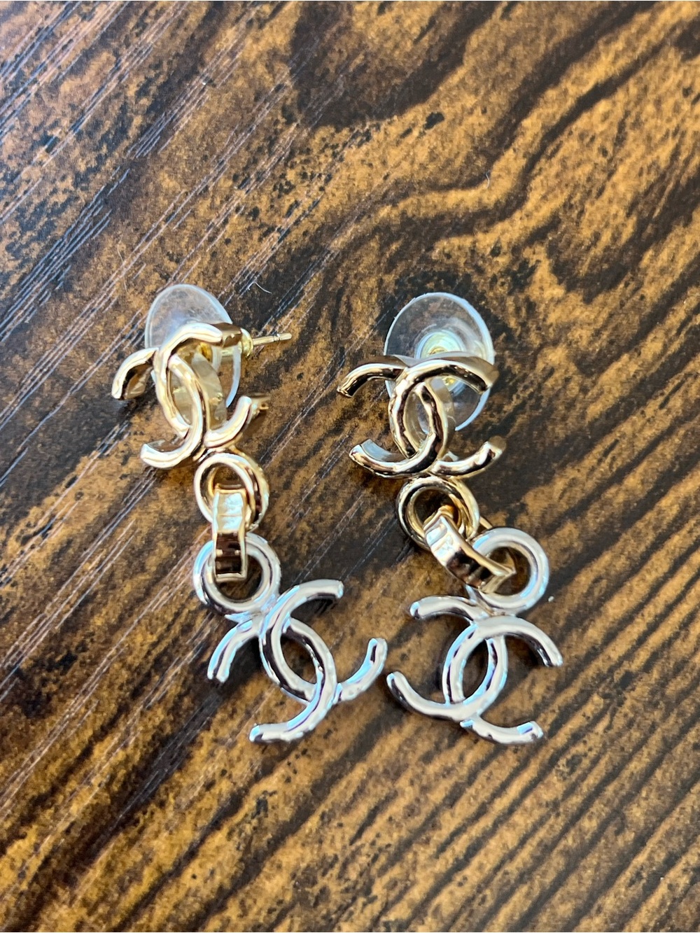 CHANEL Two-Tone Gold & Silver Double CC Drop Earrings